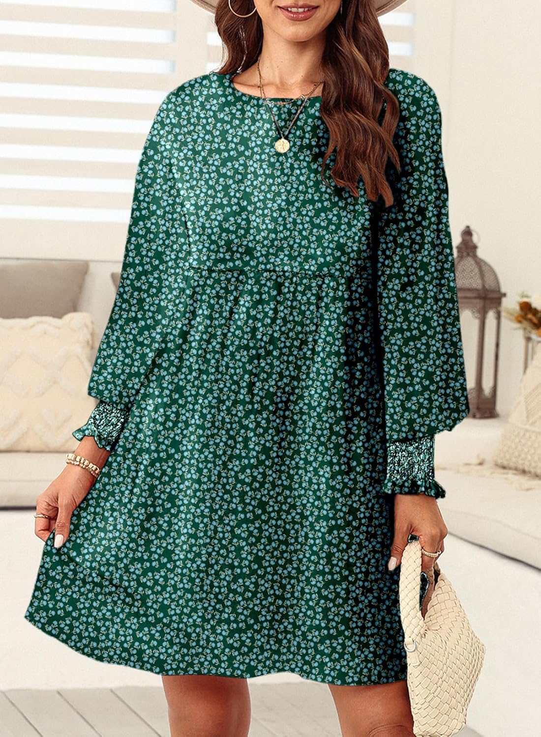 Dokotoo Casual Dresses for Women Flowy Boho Floral Long Sleeve Empire Waist Babydoll Mini Dress - Image 4