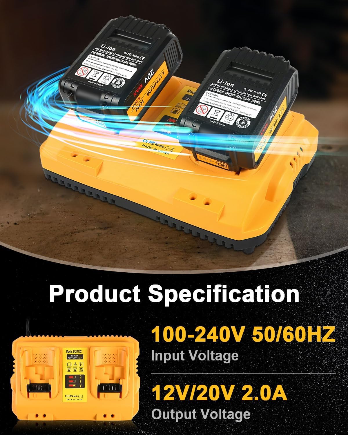 2-Pack 6.0Ah Battery Replacement for Dewalt 20v Battery with DCB102 Battery Charger Station - Image 2