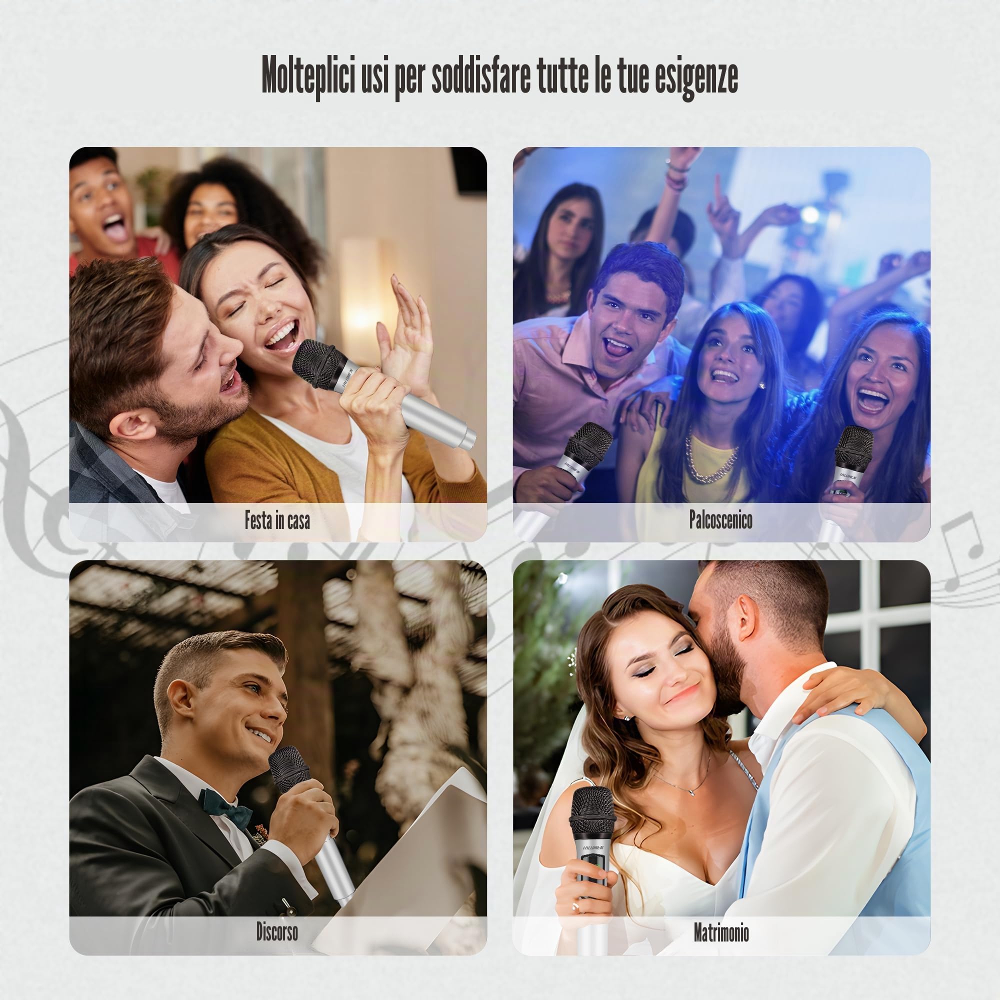 Talomen Microfono Wireless,Microphone Portatile a 2.4 GHz,Microfoni karaoke professionale,Sistema di microfoni dinamici con Ricevitore Ricaricabile,kit 2 microfoni per Karaoke,Festa,Canto K601Argenteo