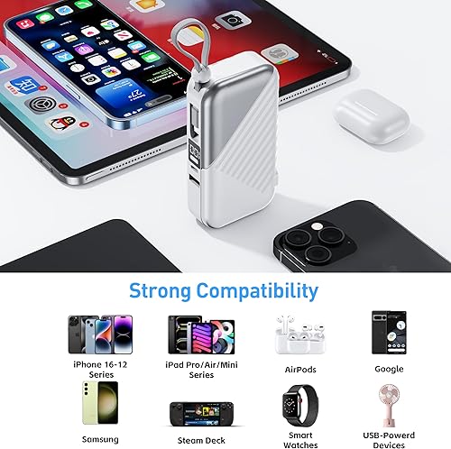 Miniatura 7 de Cargador portátil de 10000 mAh USB C, cargador de carga rápida de 27 W, cargador portátil con cable integrado, cargador de teléfono portátil para