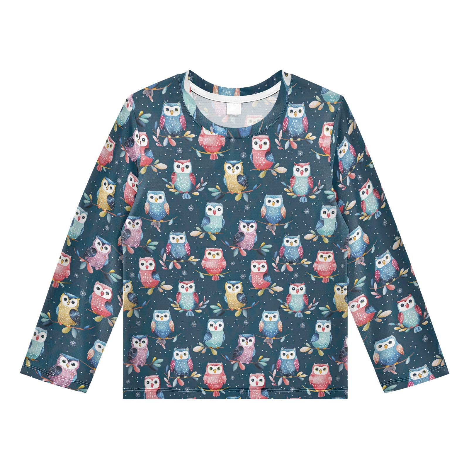 Colorful Owl Snowflake Pattern Boys Rash Guard Swim Shirts Long Sleeve UPF 50+ Quick Dry Sun Protection Shirt Swimsuit Surf Tops for Toddler Kid Girl Fishing Swimming Outdoor 5-6T