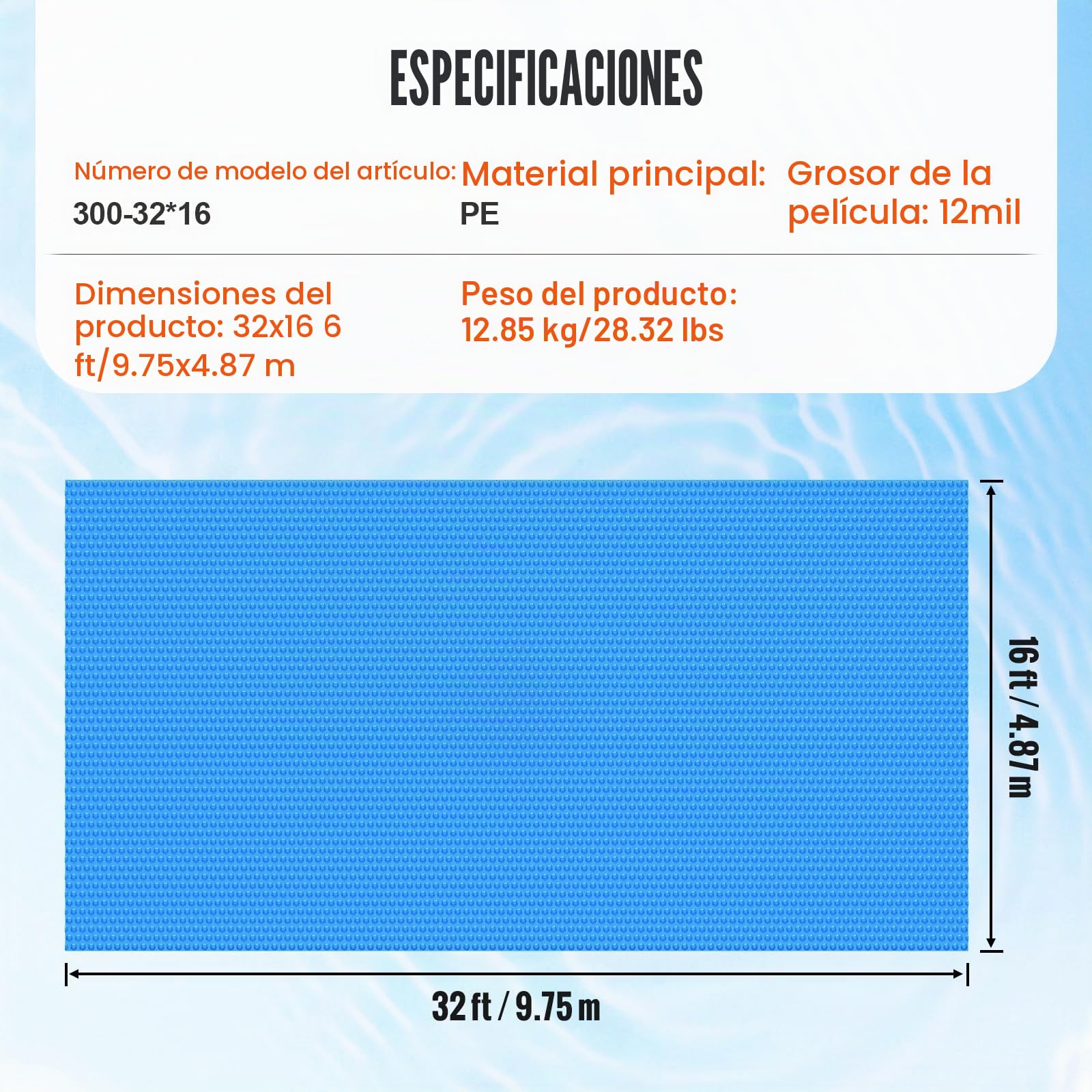 VEVOR Cubierta Solar para Piscina Manta Solar Rectangular de 9,75×4,87 m para Piscinas Cubierta Solar para Piscina Enterrada sobre el Suelo Cubiertas Solares de Color Azul de 12 mil para Piscinas
