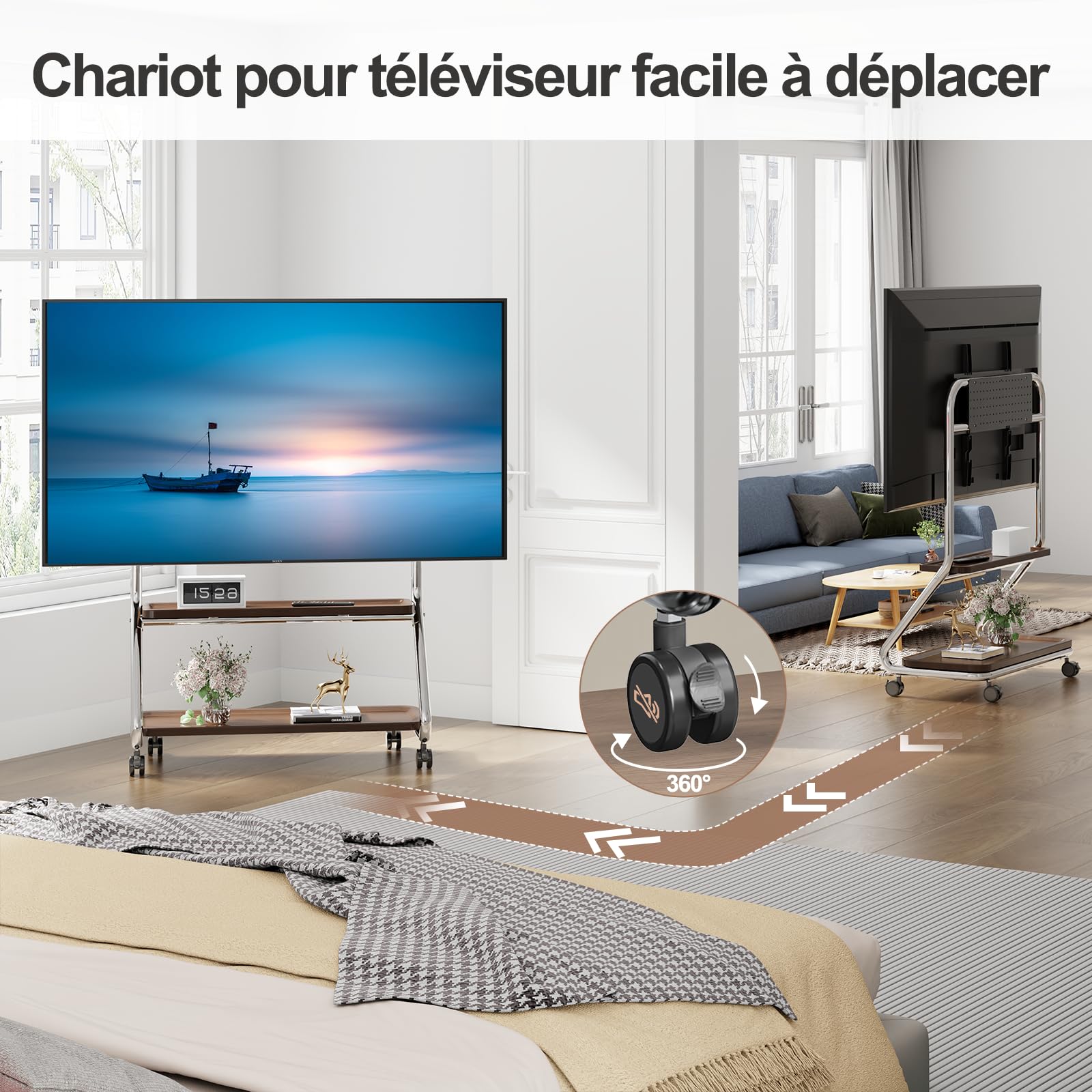 Support TV avec 2 étagères en bois et plaque perforée pour 32-75" Argenté