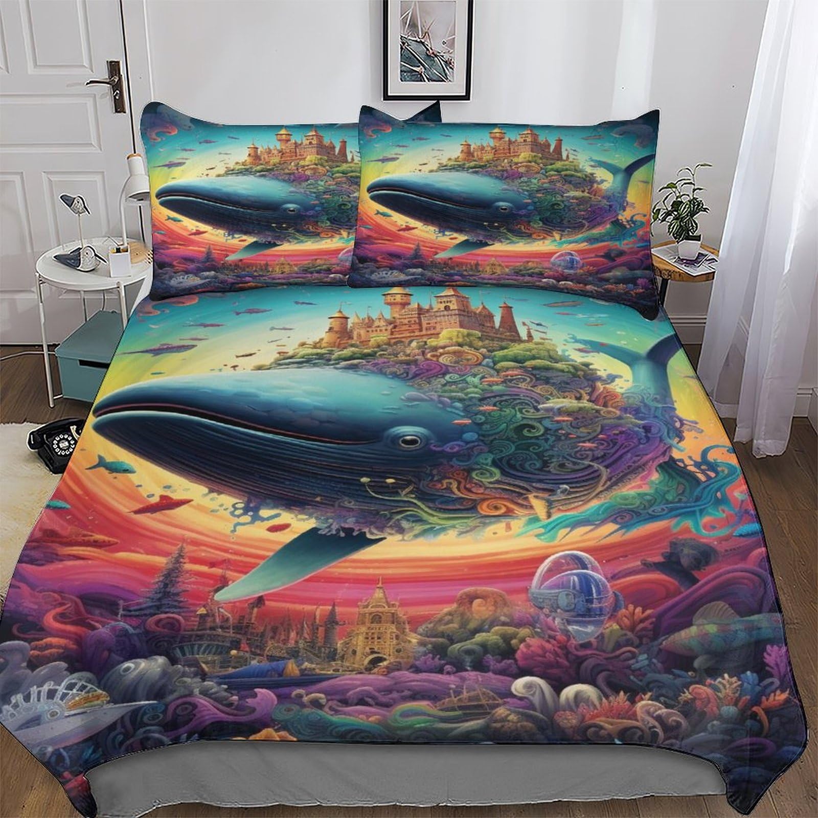 Housse de couette baleine double pour lit 200x200 avec taie d'oreiller toutes saisons
