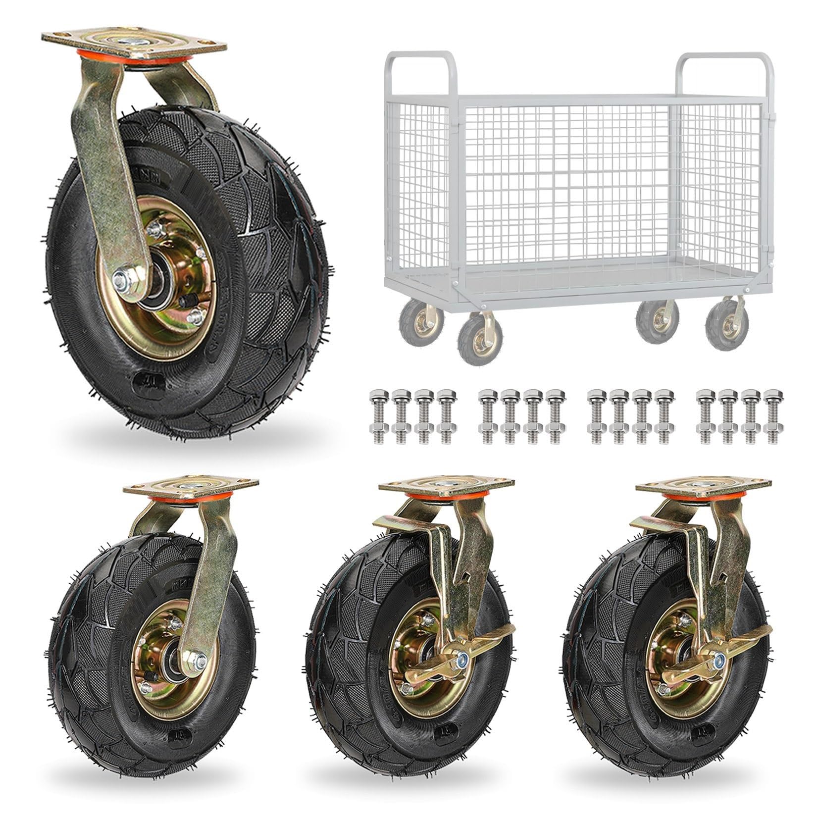 ZGUOUZANTYE 8/10in Heavy Duty Industrial Fixed Caster With Brakes Silent Shock Absorption Air Filled Rubber Wheels For Carts Furniture Workbench 4pcs(Swivel+Brake,200mm)