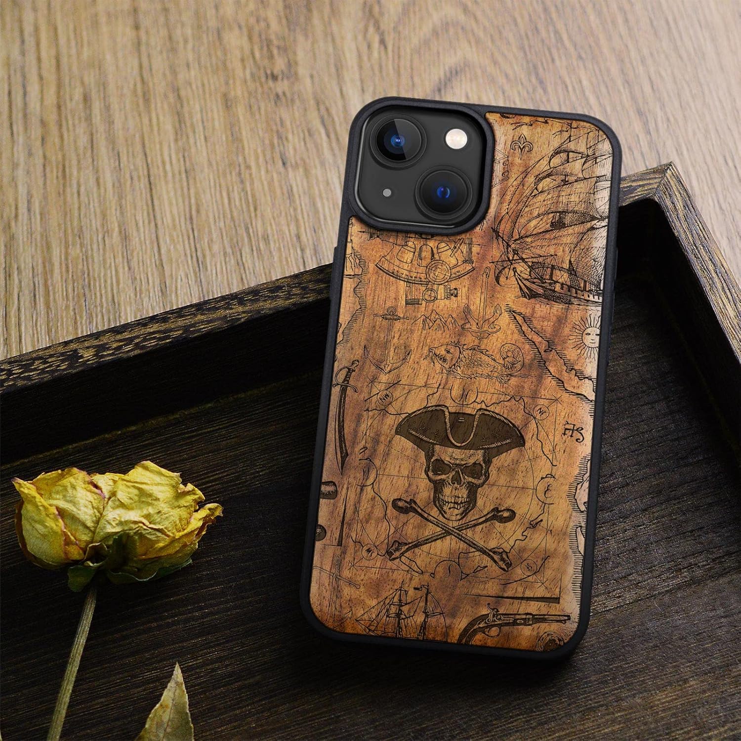 Carveit Magnetic Wood Case for iPhone 14 Case [Natural Wood & Black Soft TPU] Unique & Classy Wooden Shockproof Protective Cover Compatible with magsafe (Pirate Flag -Walnut)