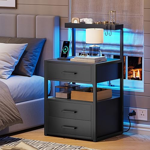 Miniatura 9 de AOGLLATI Nightstand Set of 2 with Charging Station and LED Lights, Bedside Table with 3 Drawers and Open Storage Shelves, 2 USB Ports and 2 AC