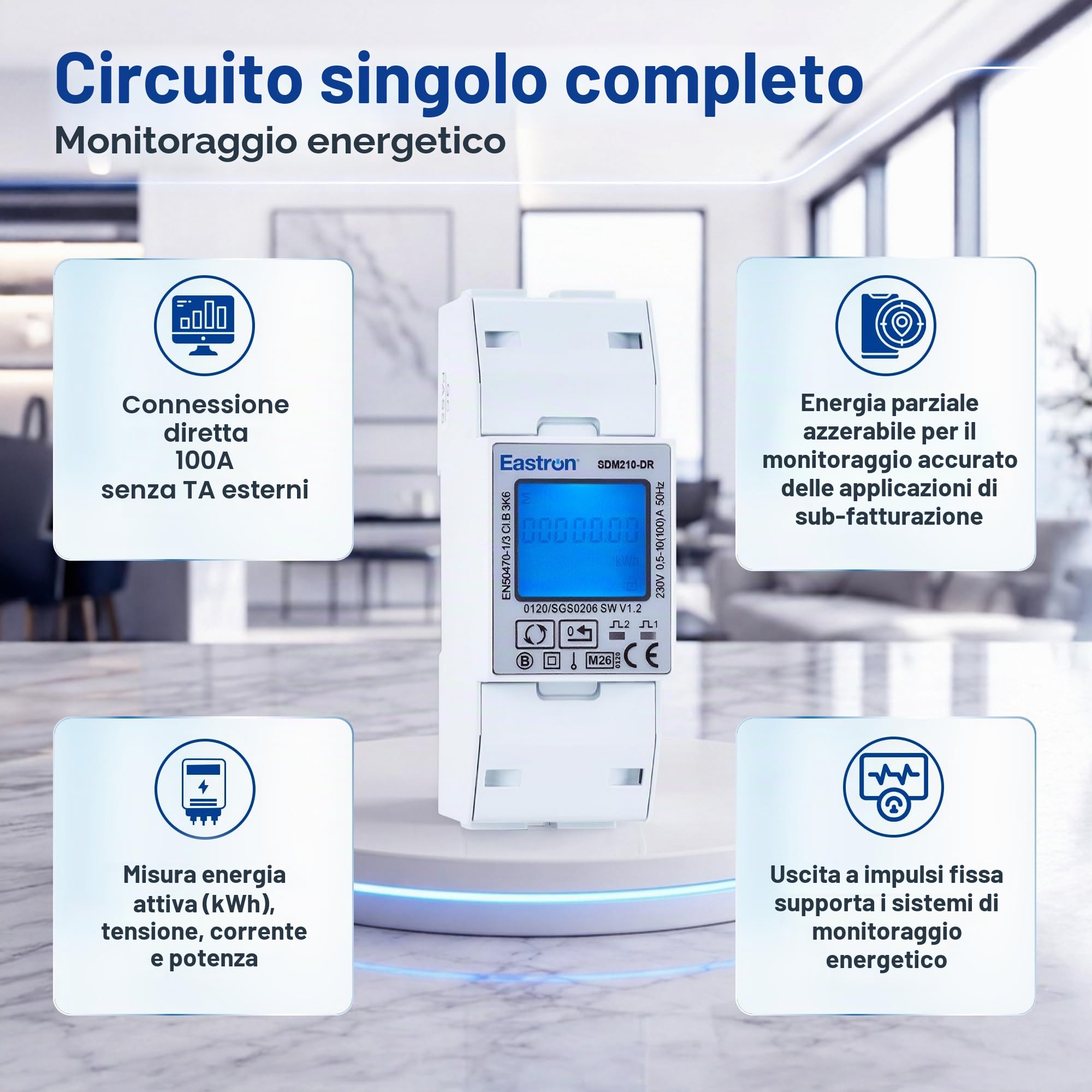 SDM230DR Pulse monofase, contatore di energia kWh, misuratore di potenza della guida DIN da 100 Amp kWh, misuratore di impulsi. Display LCD retroilluminato digitale. certificato MID