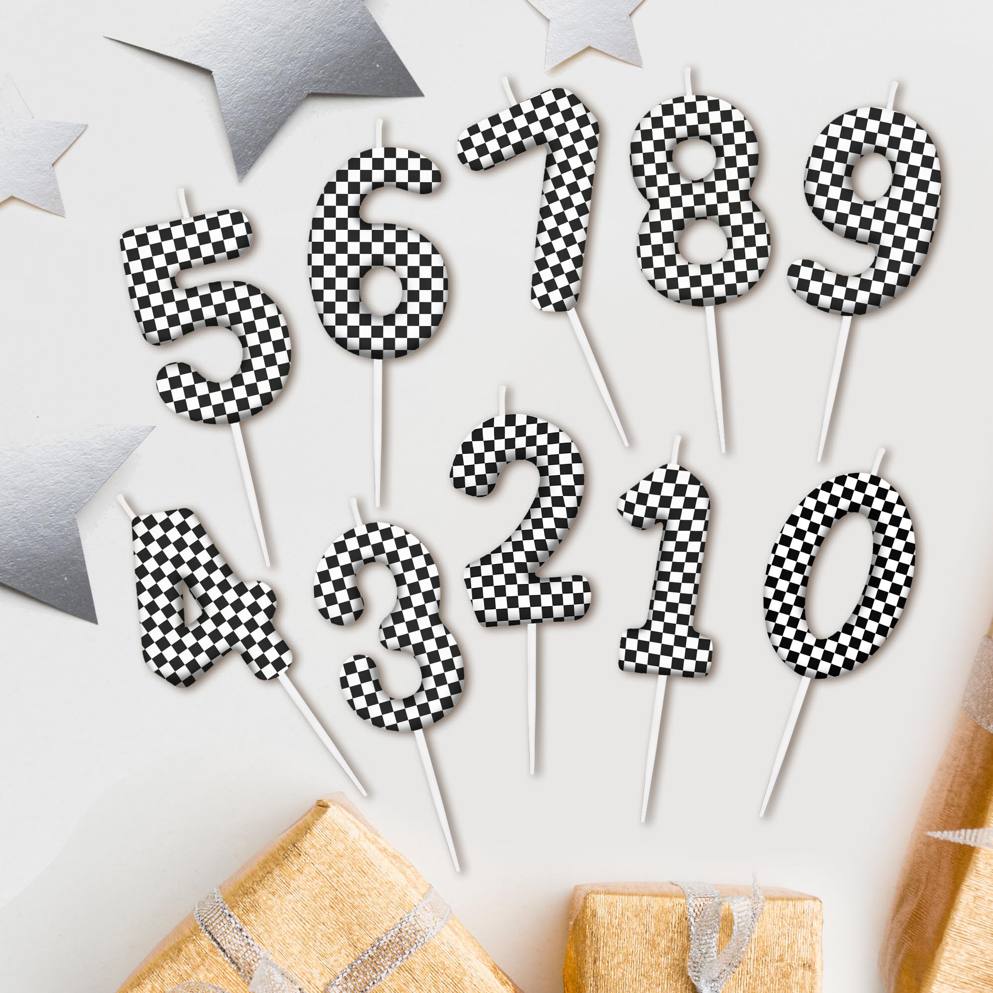 Velas de cumpleaños número 9 a cuadros en blanco y negro, decoración para tartas para fiestas temáticas de coches de carreras, velas de pastel de cumpleaños número 9 para niños y niñas, suministros de
