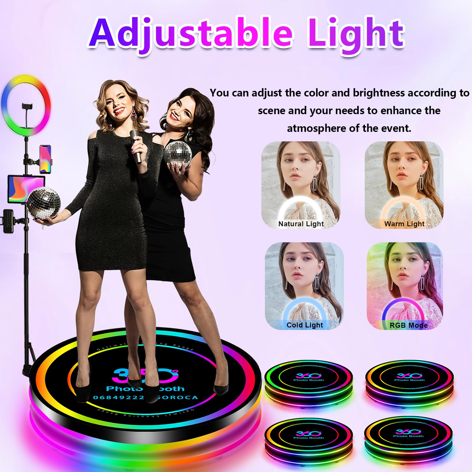 Máquina de cabina de fotos 360 con funda de vuelo y anillo de luz RGB, cabina de fotos portátil de rotación automática de 360 grados y logotipo personalizado para cumpleaños/alquiler (31.5 pulgadas)