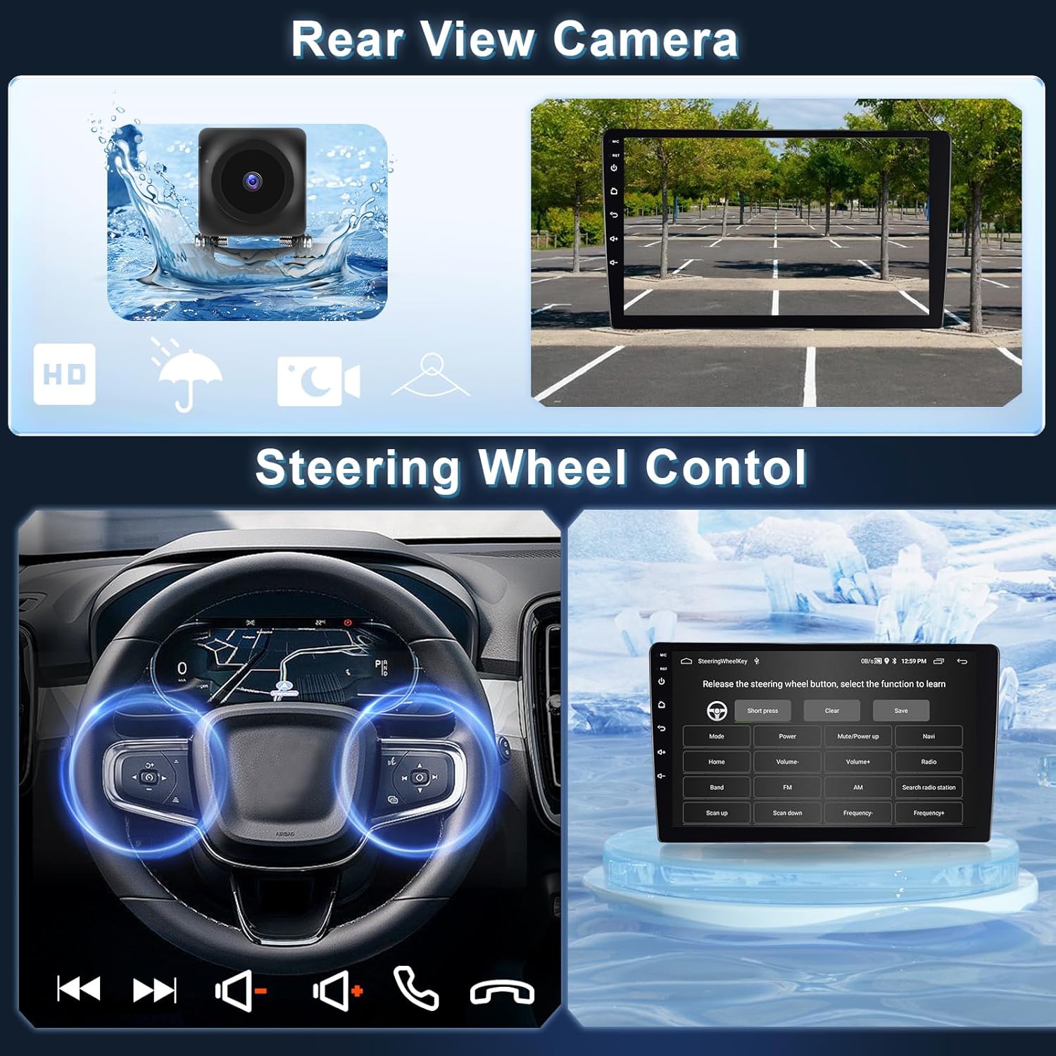 Images showing the rear view camera and its waterproof design, along with a car interior demonstrating the steering wheel control learning function on the car stereo.