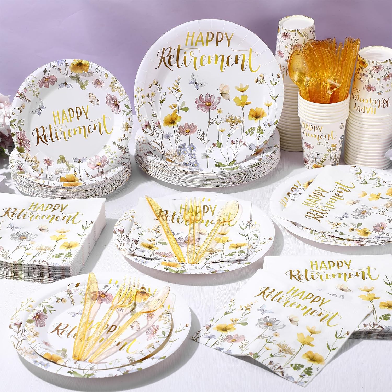 400 Pcs Happy Retirement Party Supplies Wildflower Themed Retirement Disposable Paper Plates Napkins and Cups for The Aged Women Say Goodbye Decorations