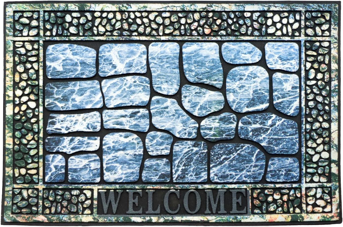 Door Mat Welcome Mat, Heavy Duty Door Mat 17.7 x 29.5 Inch Front Rug Doormat for Outdoor Entrance Home Non-Slip Rubber Rug for Front Door, Outside, Entryway, Patio (Blue Welcome)