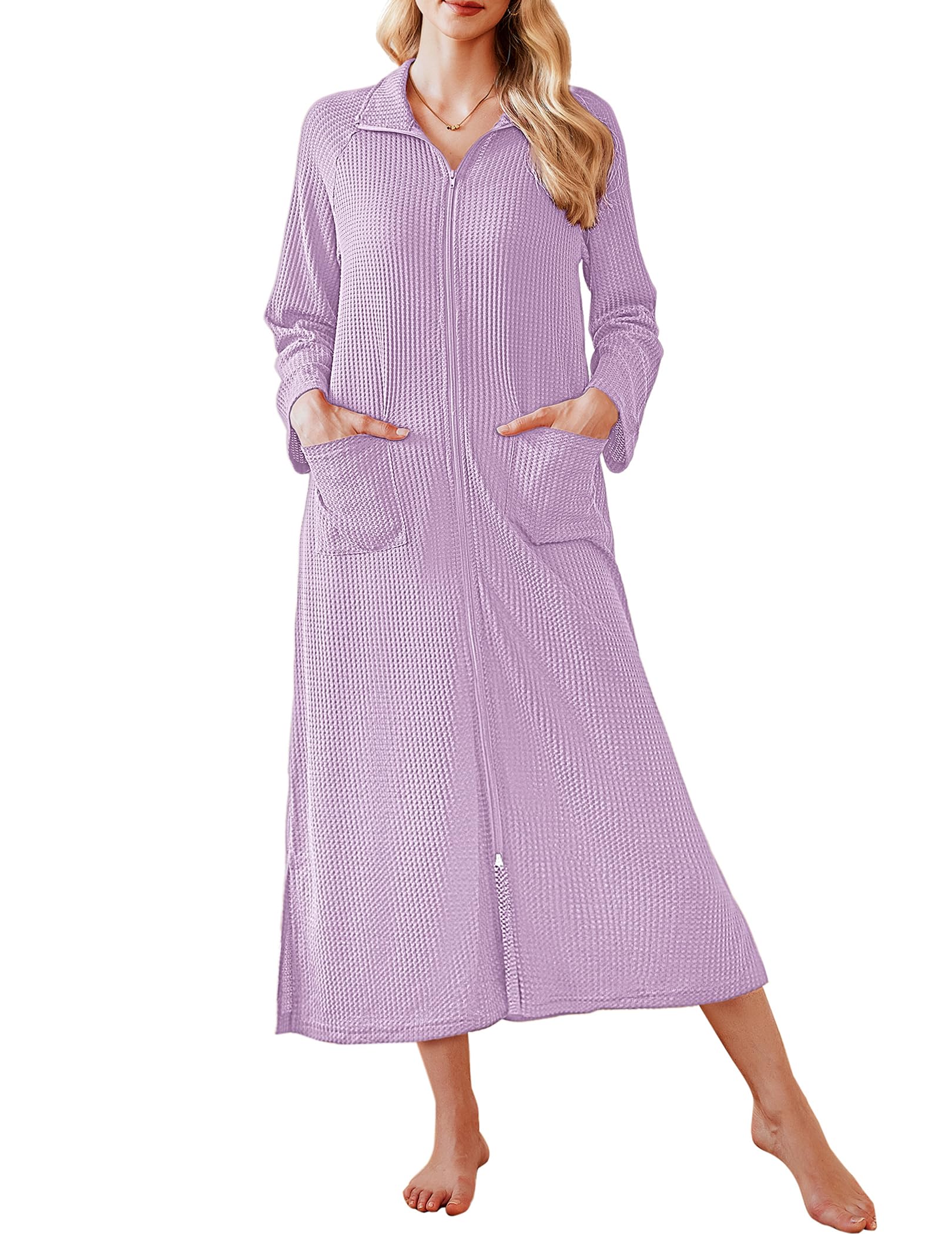 Ekouaer Waffle Robes for Women Long Zipper Bathrobes Lightweight House Coat Soft Sleepwear with Pockets Loungewear S-XXL