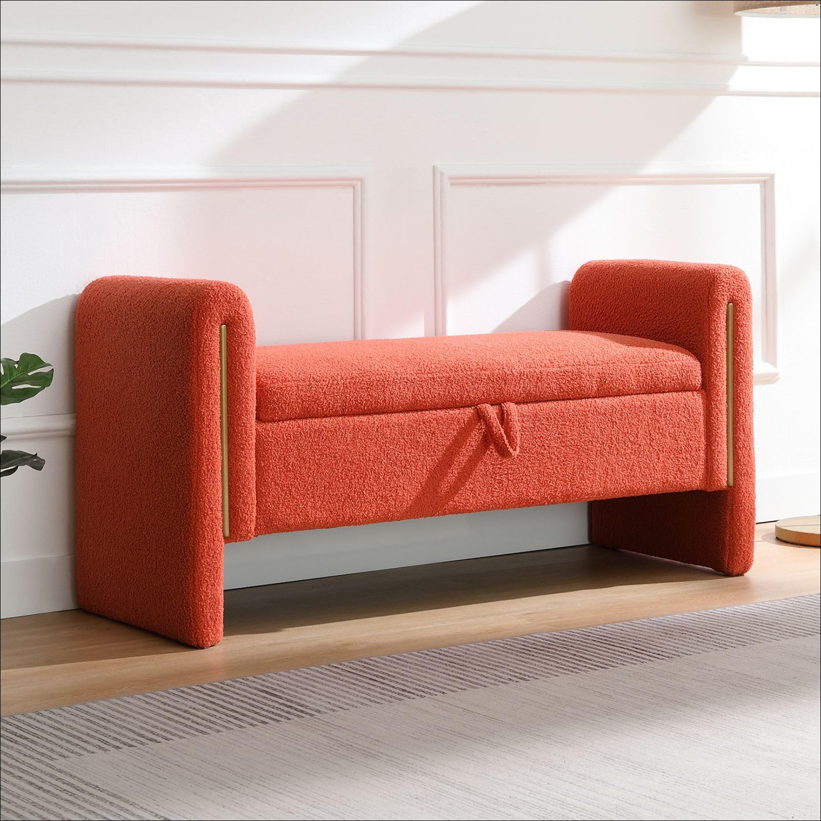 QianYueLUX Modern 52" Storage Ottoman Bench, Upholstered End of Bed Storage Bench with Armrests, Entryway Bench, Teddy Foot Rest Stool for Living Room