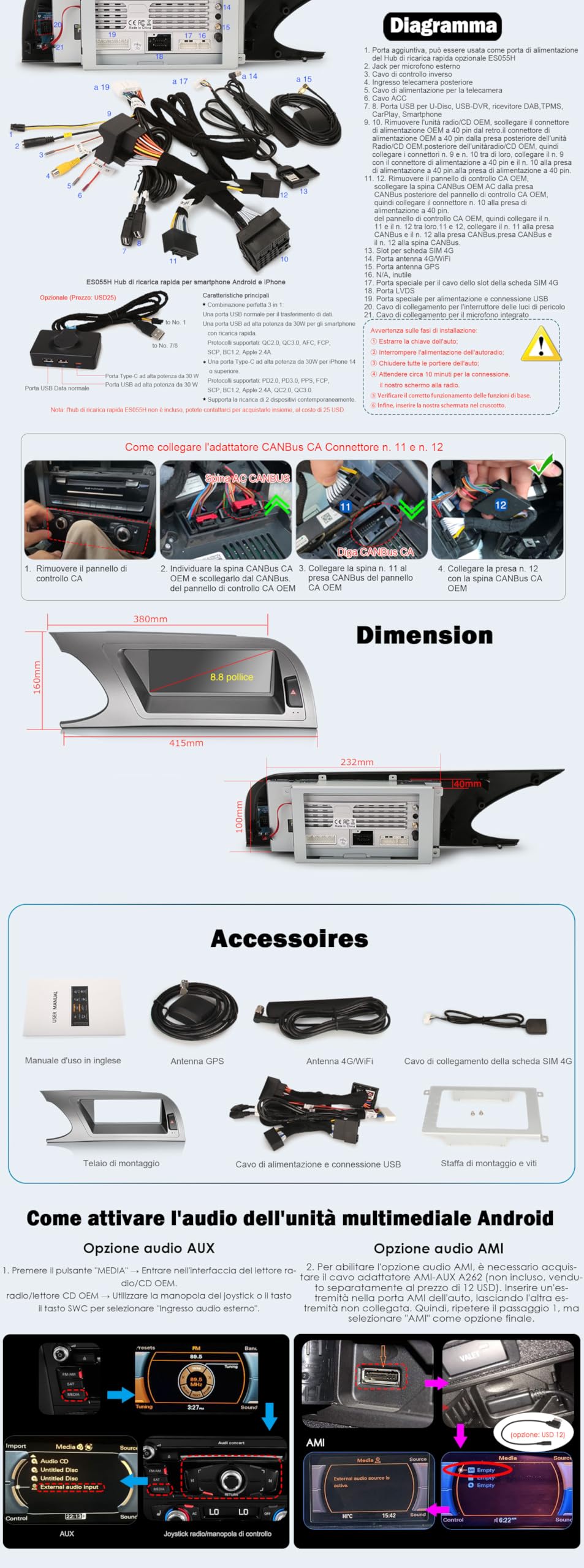 Android 16 Qualcomm 8 Core 4+64GB Autoradio GPS Navigatore per Audi A4 supporta Wireless Carplay IPS WiFi 4G Bluetooth 5.1 Canbus 8,8 pollici Schermo Tattile OEM Radio MMI