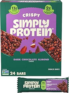 Simply Protein - Dark Chocolate Almond Crispy Bars - Plant Based Protein Bars - Low Carb, Low Sugar, High Fiber - 13g Protein, 2g Sugar, 7g Fiber - Vegan, Gluten Free, Non GMO, Kosher - 24 Bars