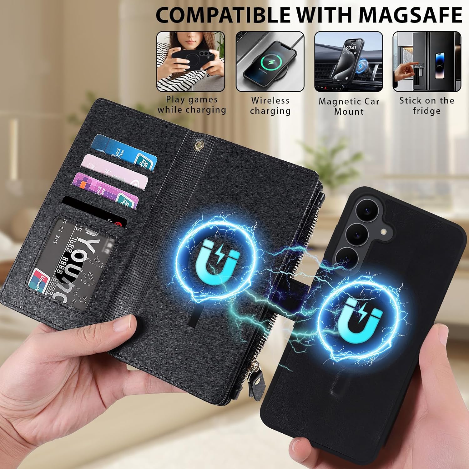 Lacass for Samsung Galaxy S25 FE S25FE Wallet Case,Compatible with MagSafe 2 in 1 Magnetic Detachable PU Leather Cover with RFID Blocking, Card Holder, Zipper,Wrist Strap,Quilted Black