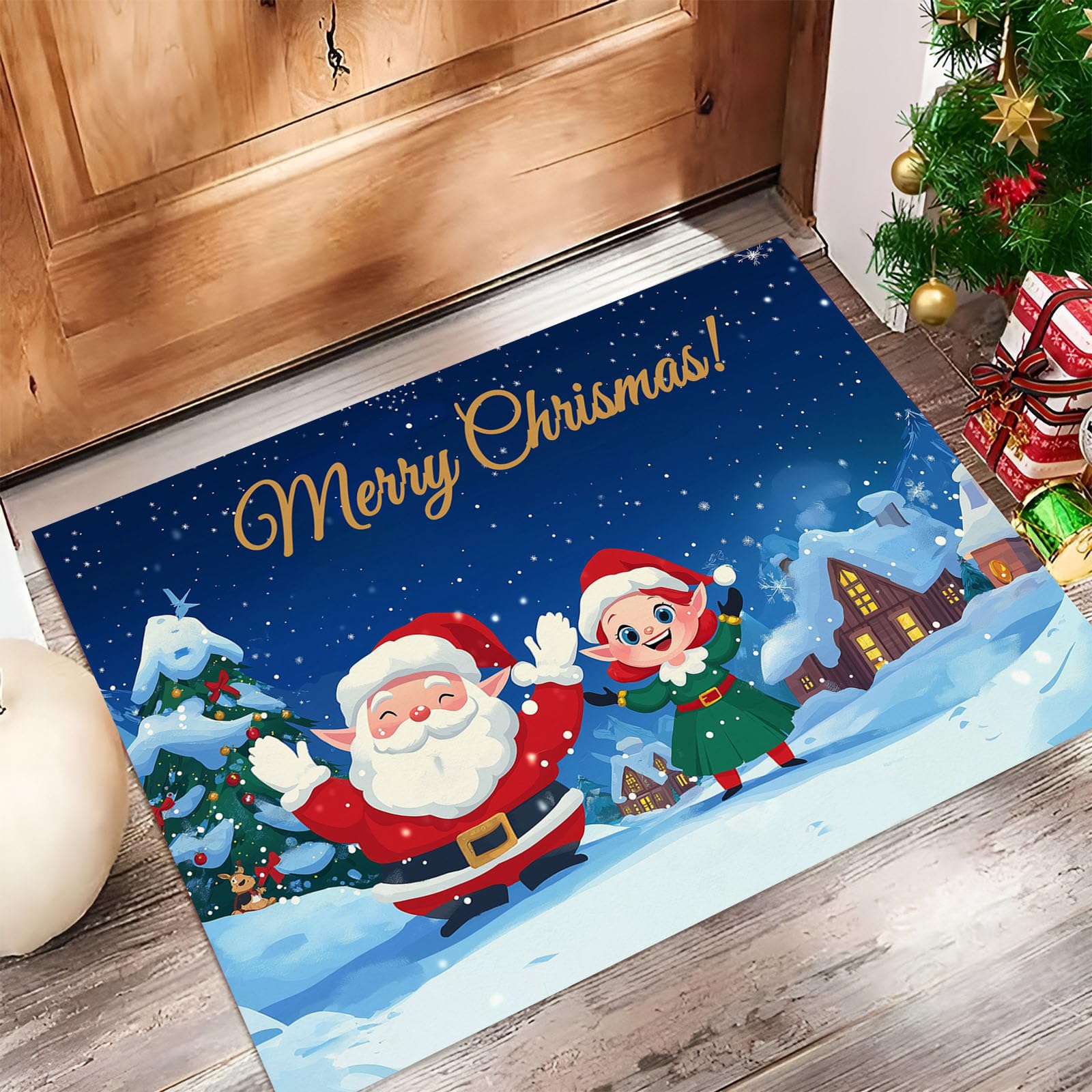Felpudo Adorables Elfos Navideños Lavable, Alfombra Pequeña Pueblo De Dibujos Animados De 80X120Cm, Tapetes De Puerta Suaves Para Entrada, Alfombras De Entrada Antideslizantes Azul Marino De Pelo Bajo