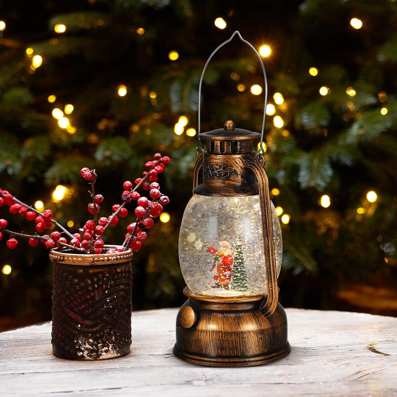 LIFKOME Christmas Snow Globe Lantern with LED Light and Rotating Music Box, Glowing Santa Claus and Christmas Tree Decor for Xmas Party and Home, USB and Battery Operated Holiday