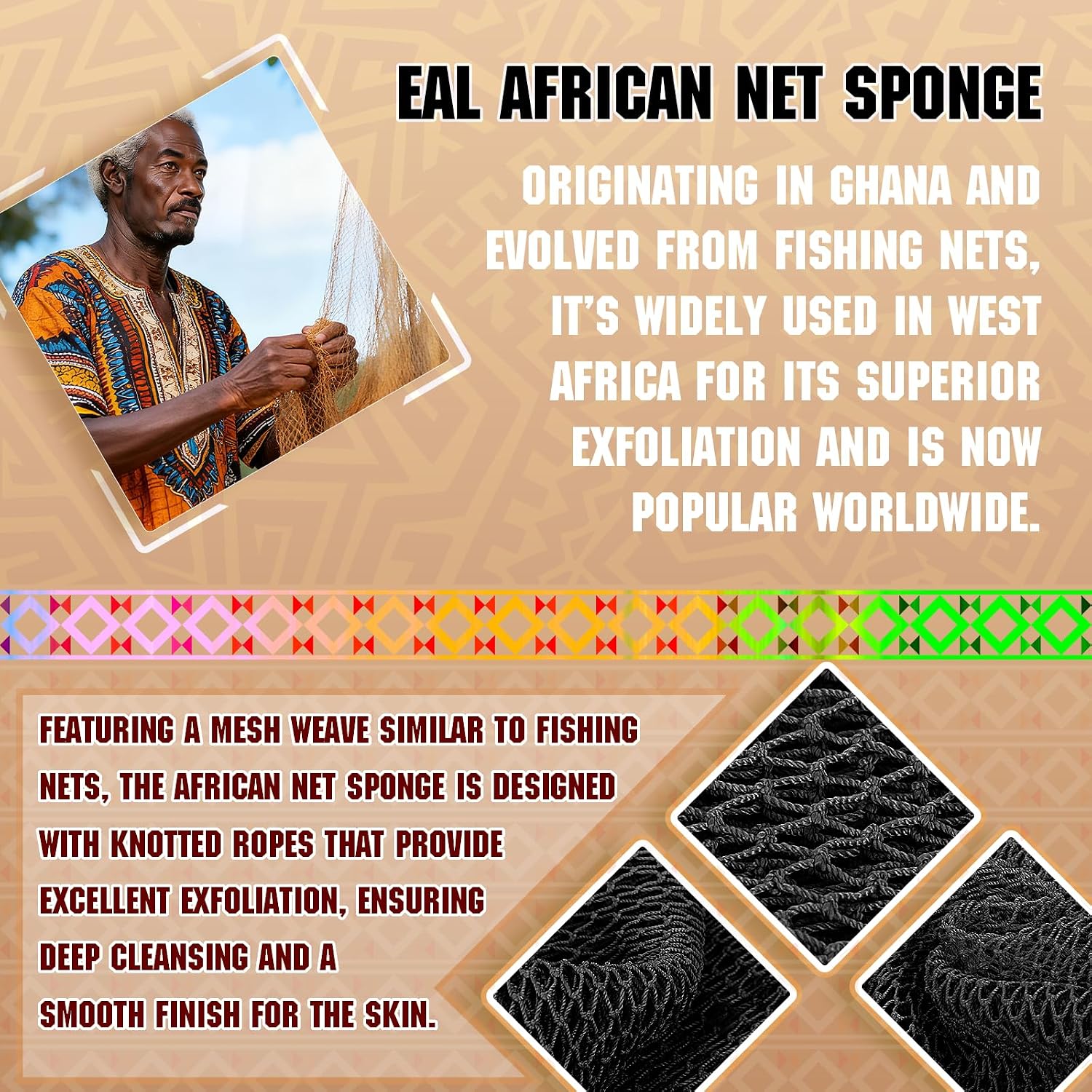 2-Pack African Net Sponge - Exfoliating Scrubber for Face & Body Shower, Travel-Ready, Durable, Gentle Exfoliation for Sensitive Skin(Black,White) image 3