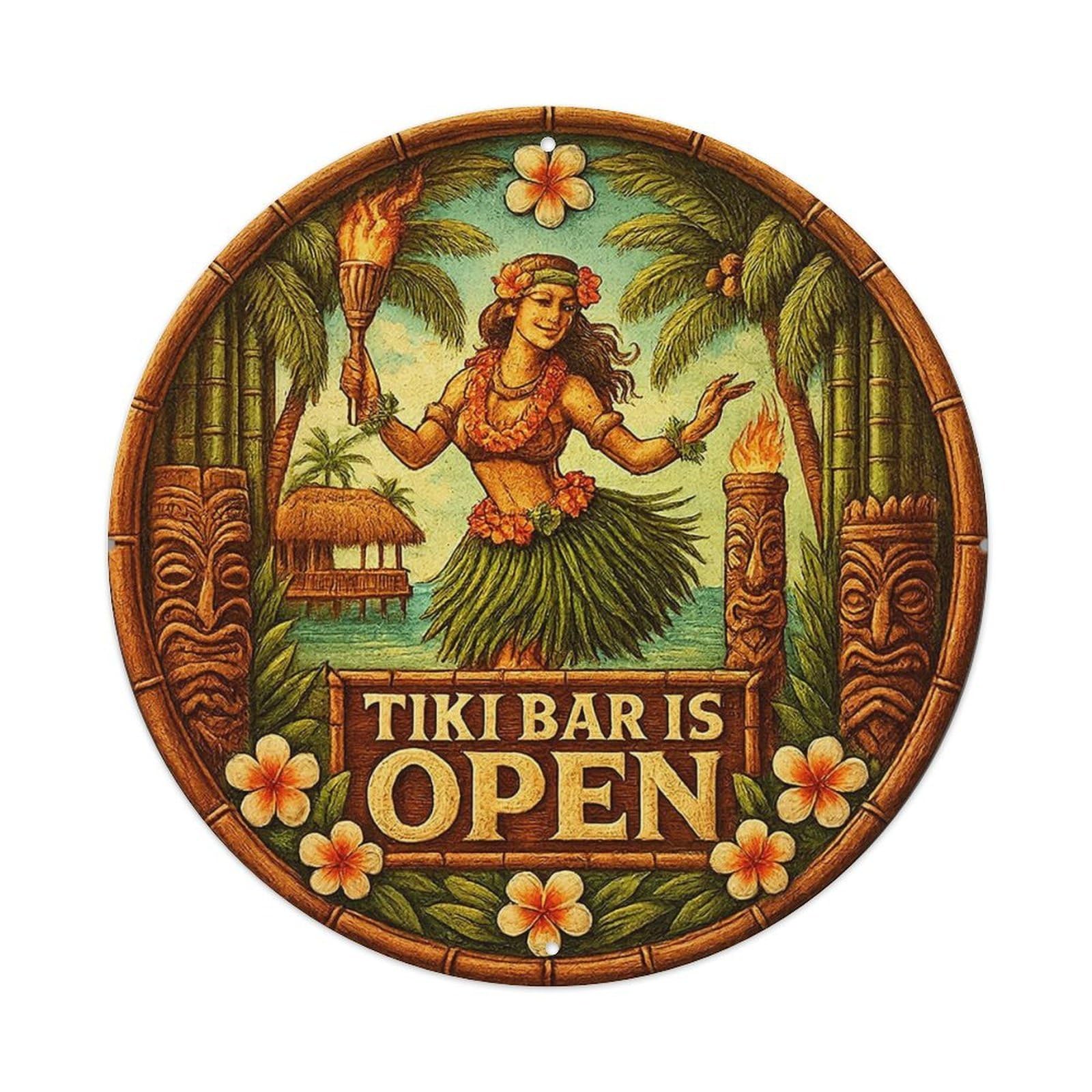 Tropical Hula Dancer Tiki Bar Vintage Round Tin Sign Retro Metal Wall Decor Metal Poster, Home Bar Garage Cafe Wall Art Decoration 8x8Inches