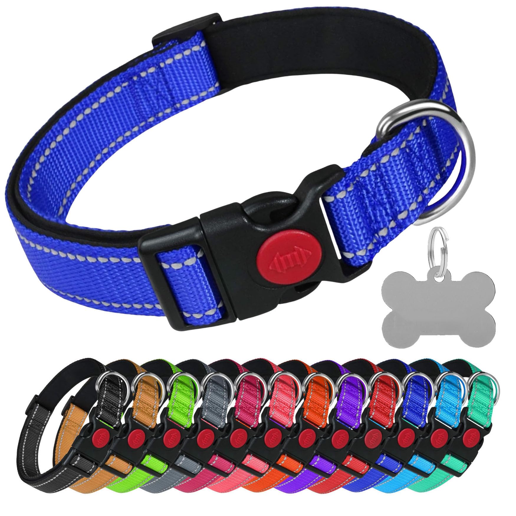 LARRYROO Reflective Dog Soft Padded Nylon Collar | Slide Lock Safety Buckle | Fully Adjustable With Personalised Engraved Silver Bone Shaped Tag (Royal Blue, Large (40cm - 60cm Neck))