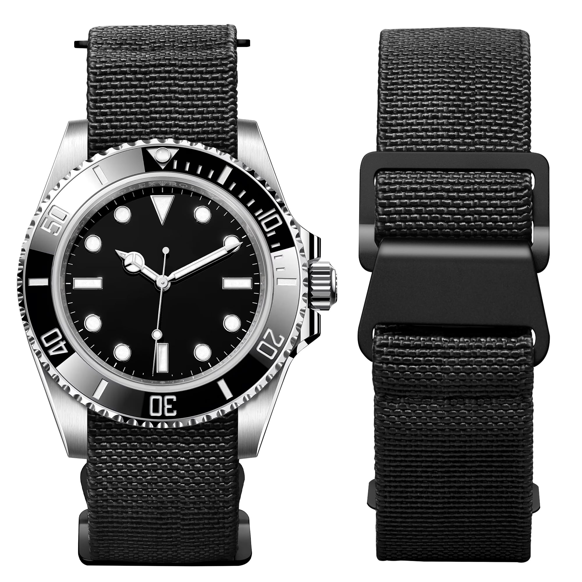 BINLUN Elastic Fabric Nylon Watch Band Waterproof Military Replacement Watch Strap Hook-and-Loop for Men Women Silver & Black Buckle 18mm 20mm 22mm