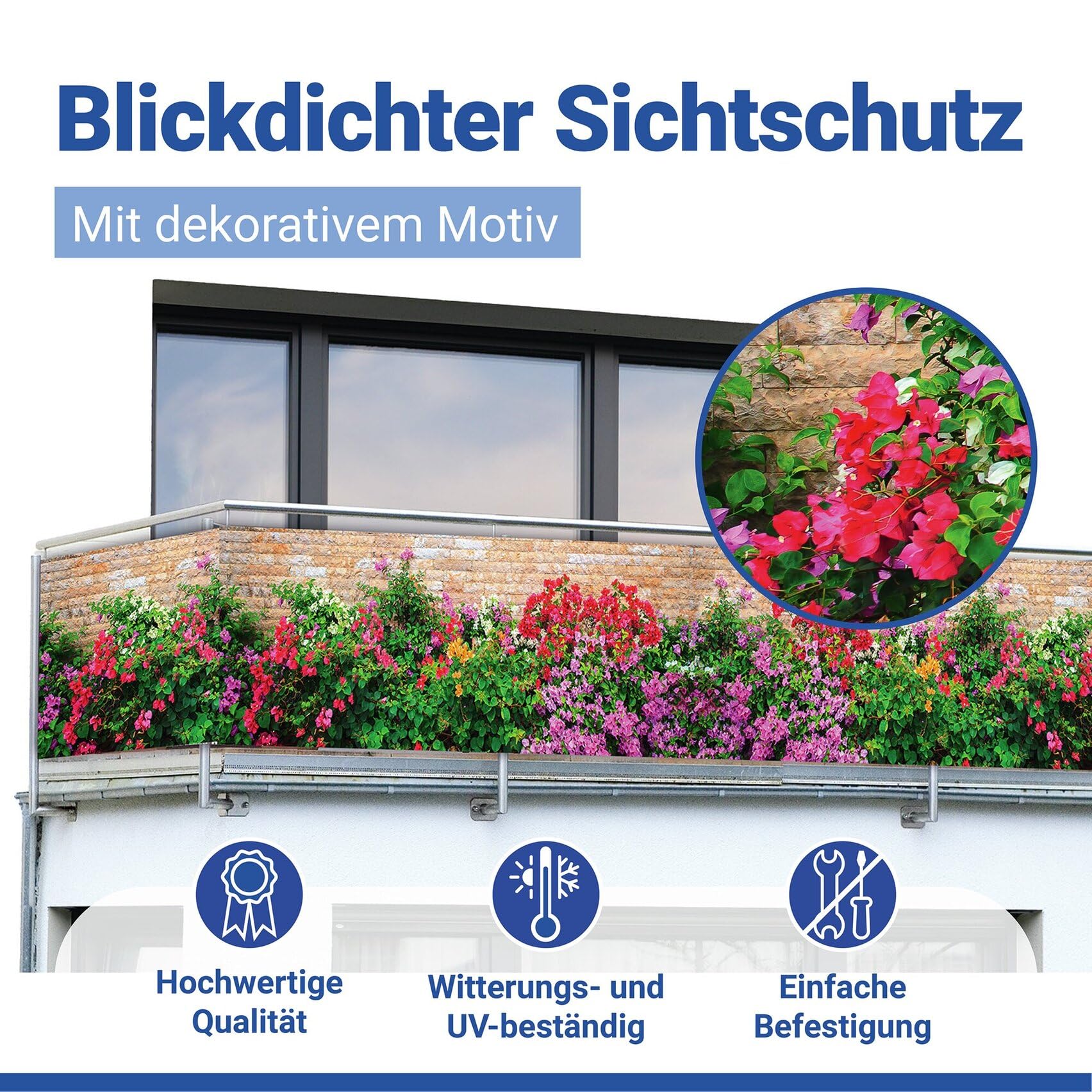 Maximex Balkon-Sichtschutz Mauerblumen, UV- und witterungsbeständig, Schnelltrocknend, Reißfest, 85 x 500 cm, Mehrfarbig