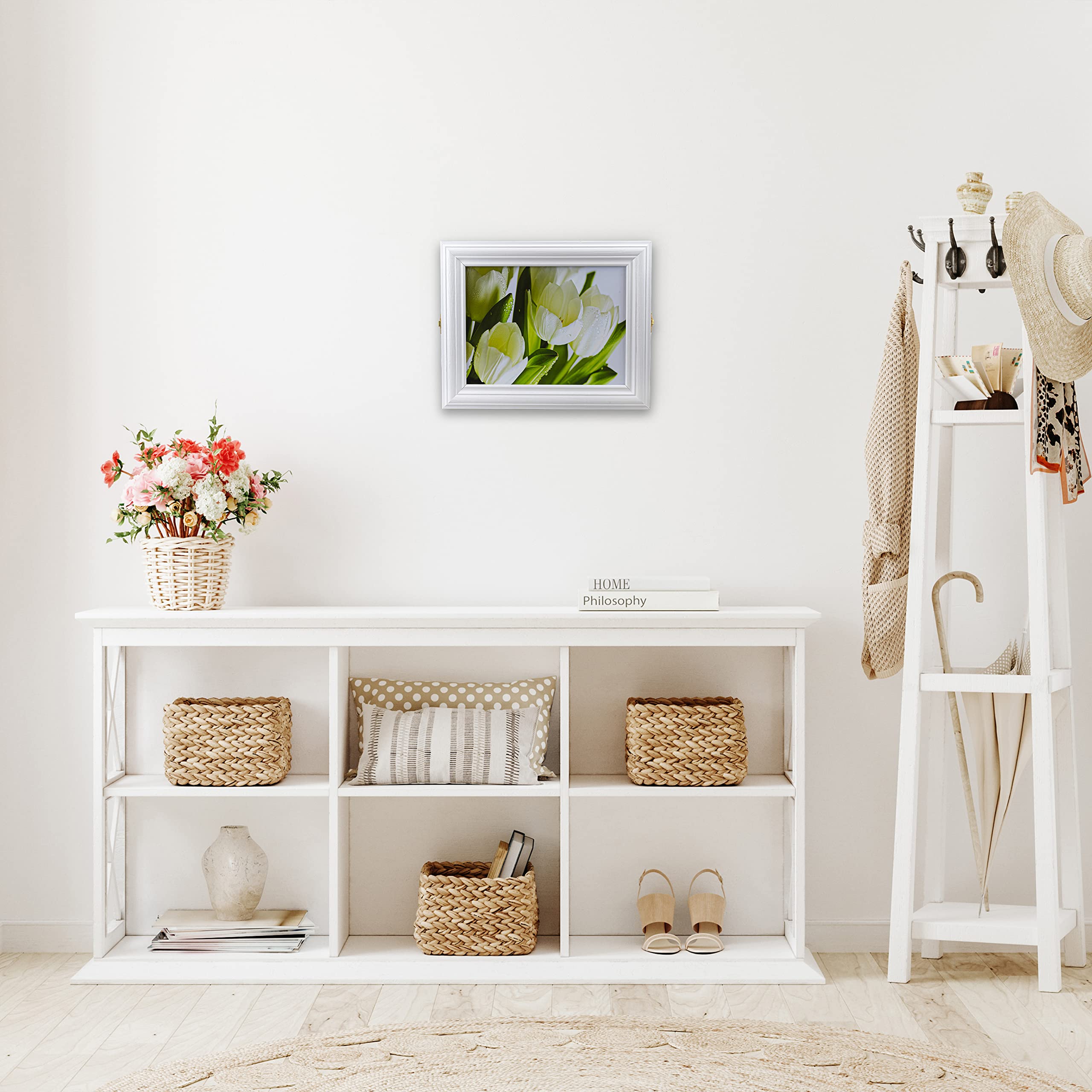 Armadietto portachiavi in legno con portachiavi, stile vintage, SKD-F9BI, bianco