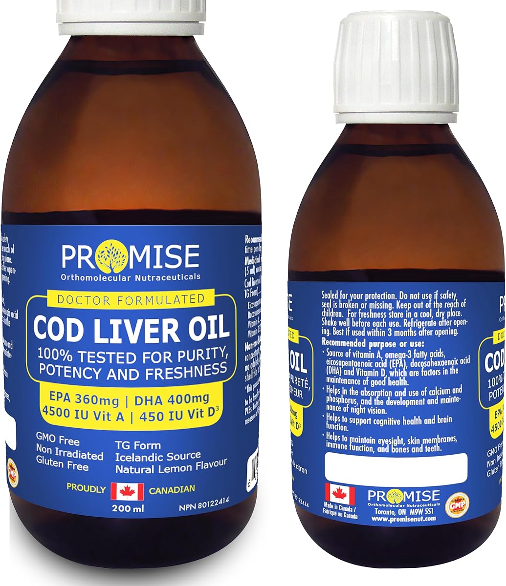 Promise Orthomolecular Nutraceuticals Promise Cod Liver Oil, 100% Tested for Purity, Potency and Freshness, EPA 360mg | DHA 400mg 4500 IU Vit A | 450 IU Vit D3, Glass bottle, Made in Canada (200ml)