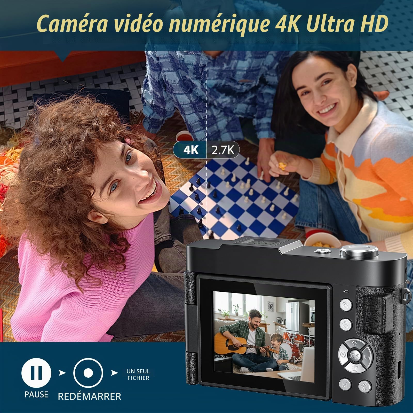 4K Appareil Photo Numérique 50MP Autofocus Compact Caméra avec 2.8'' Écran Rabattable 180° Digital Camera Zoom Numérique 16X avec Carte 32GB pour Adolescents Débutants Adulte