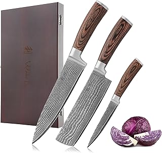 Wakoli EDIB 3-teiliges Küchenmesser Set aus Damaststahl (VG10 Kern) – mit Kochmesser, Nakiri & Allzweckmesser – Scharf & ergonomisch – Damastmesser Set mit Pakkaholzgriffen in edler Geschenkbox