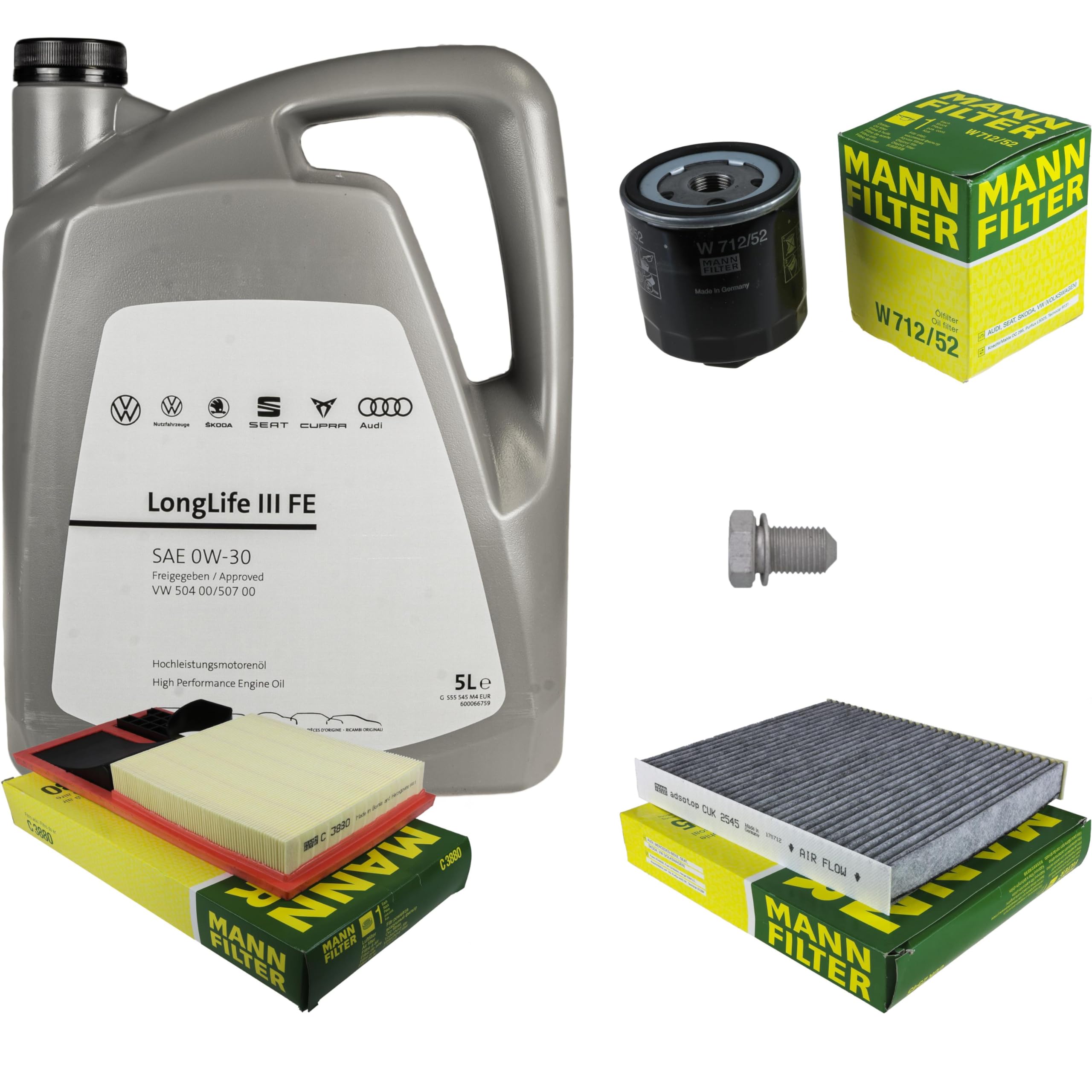 Pacchetto di ispezione pacchetto di manutenzione filtro con 5 l 0W-30 olio motore LongLife 3 FE, filtro dell'olio, filtro dell'aria abitacolo (carbone attivo) vite di scarico dell'olio