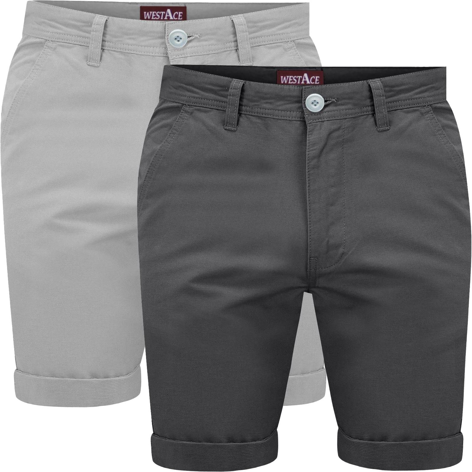 Westace Men's Grey & Charcoal Pack Of 2 Chino Shorts Cotton Half Pant Casual Summer Cargo Combat Short Trousers, 34W