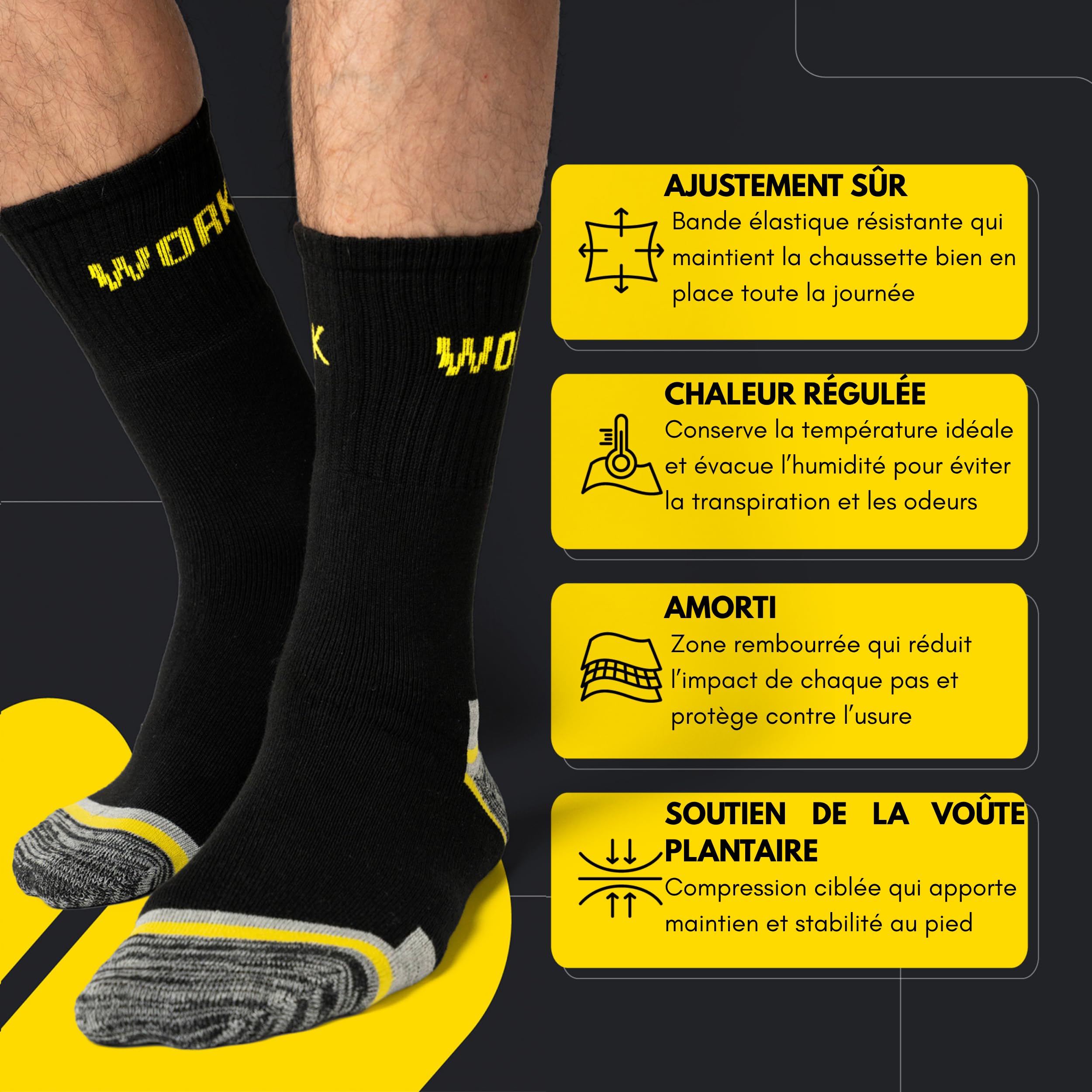 6 Paires de Chaussettes de Travail homme Hiver – 95% Coton, Intérieur Bouclette, Chaussettes Travail Femme Talon et Pointe Renforcés, Idéales pour Chaussures de Sécurité, Chaussettes Thermiques.