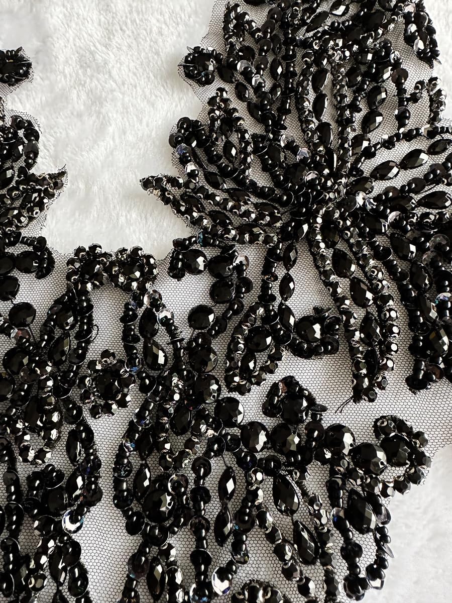 Handmade Rhinestones lace Applique sew on Beads Sequins Trim Patches Accessories for Girl Dress Clothing (Black)