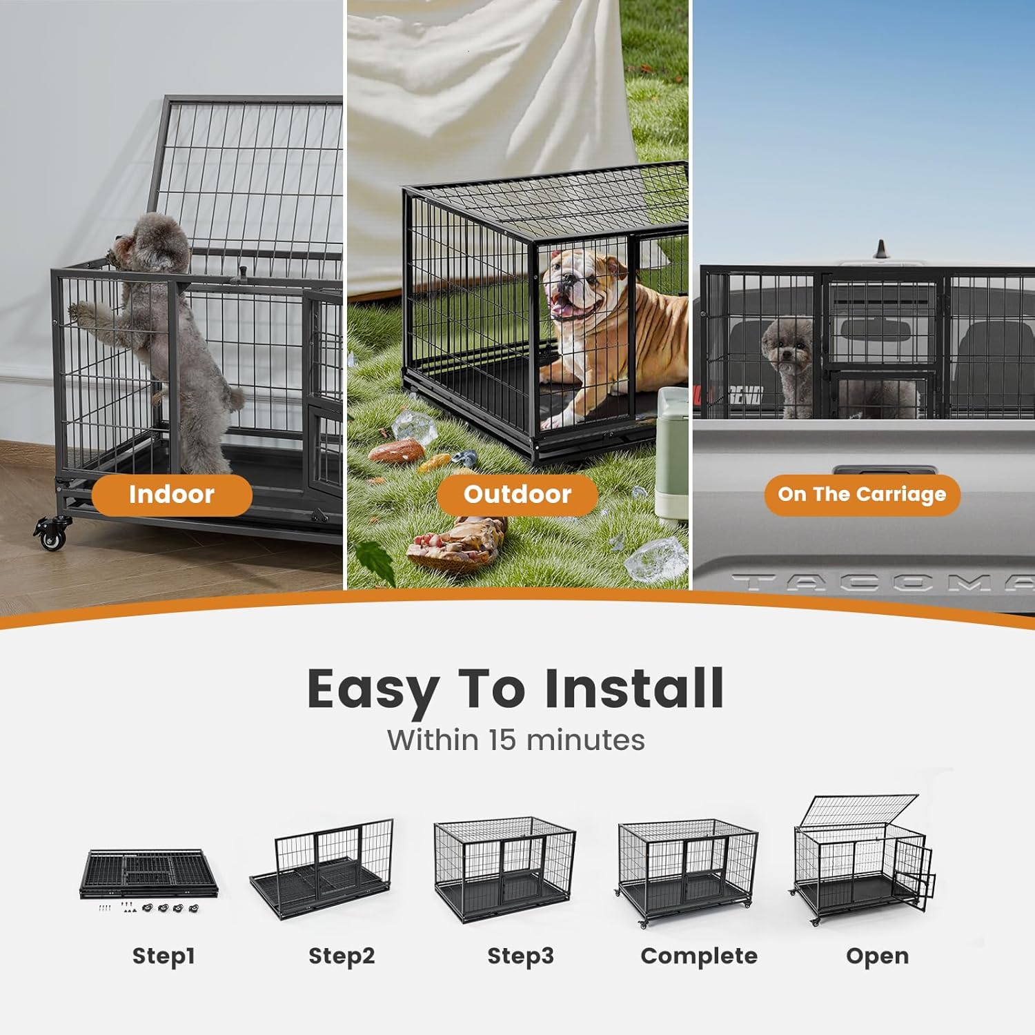 Gardner Pet 32 Inch Heavy Duty Dog Crate with Wheels, Folding Metal Dog Cage for Puppy/Small and Medium Dogs, Indestructible Dog Crate with Removable Tray (Black)