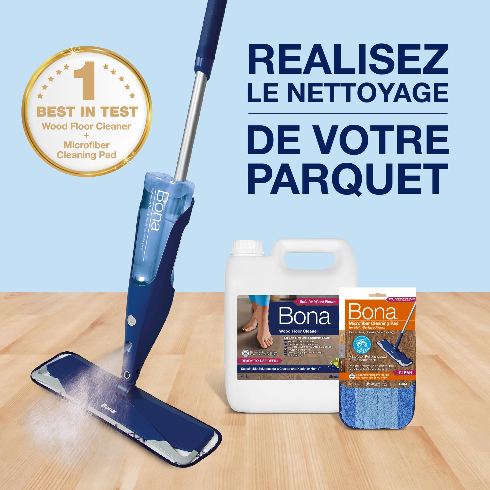 Balai Spray avec Reservoir - Bona + 850 ML Nettoyant Parquets + 2 Pads en Microfibre - Balai Serpillère Vaporisateur - Kit Nettoyage Sol - Balai Serpillere Professionnel, Bleu
