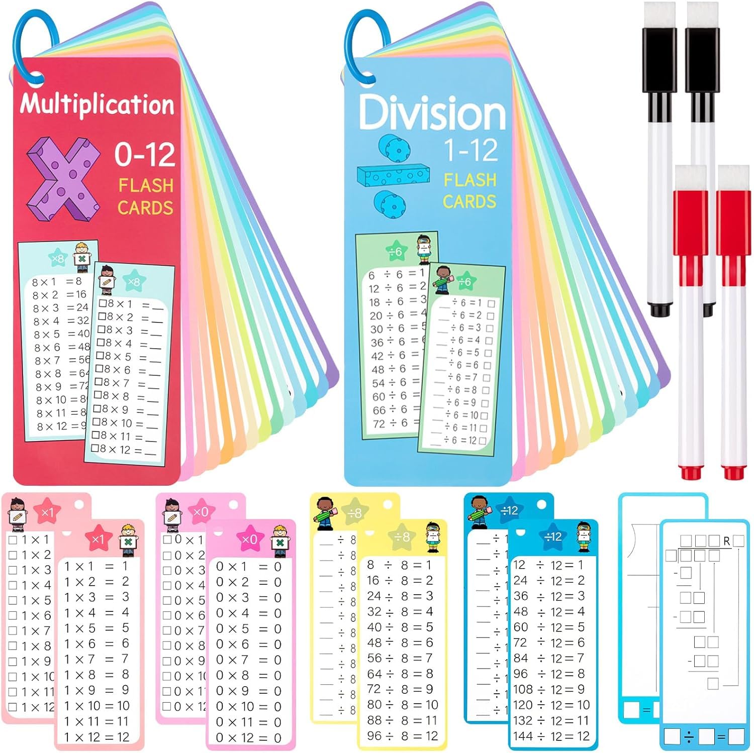 29Pcs Multiplication and Division Flash Cards, 0-12 Math Flash Card with 4 Dry Erase Pens 2 Rings, Time Table Flashes Cards for 1st to 3rd Grades Fun Learning with Math Game Educational