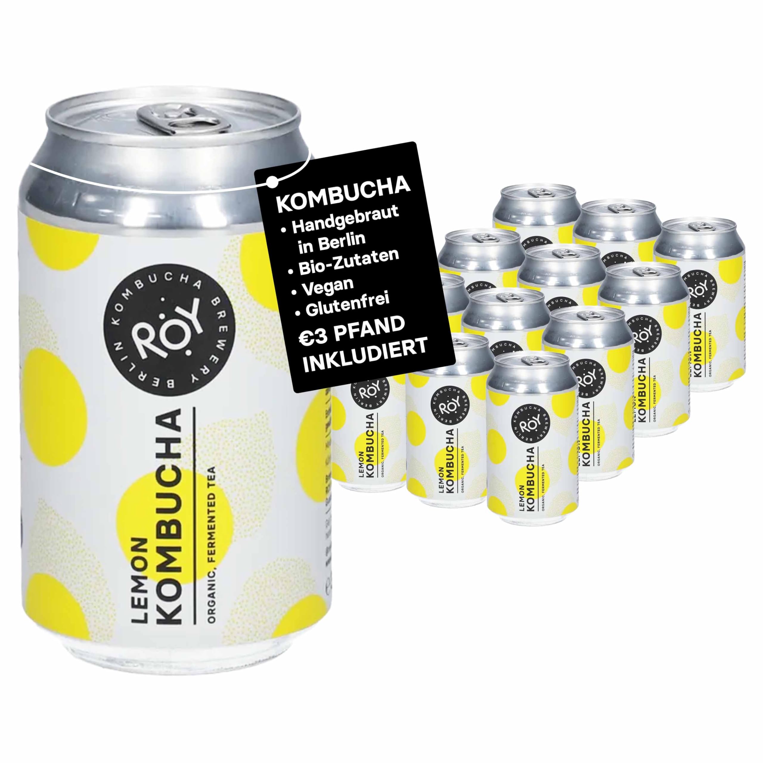 ROY Lemon Kombucha Bio, 12 Dosen à 330 ml Bio Kombucha mit Zitrone, handgefertigt in unserer Berliner Brauerei, vegan, glutenfrei, laktosefrei, 12er Pack, inkl. 3,00 € Pfand