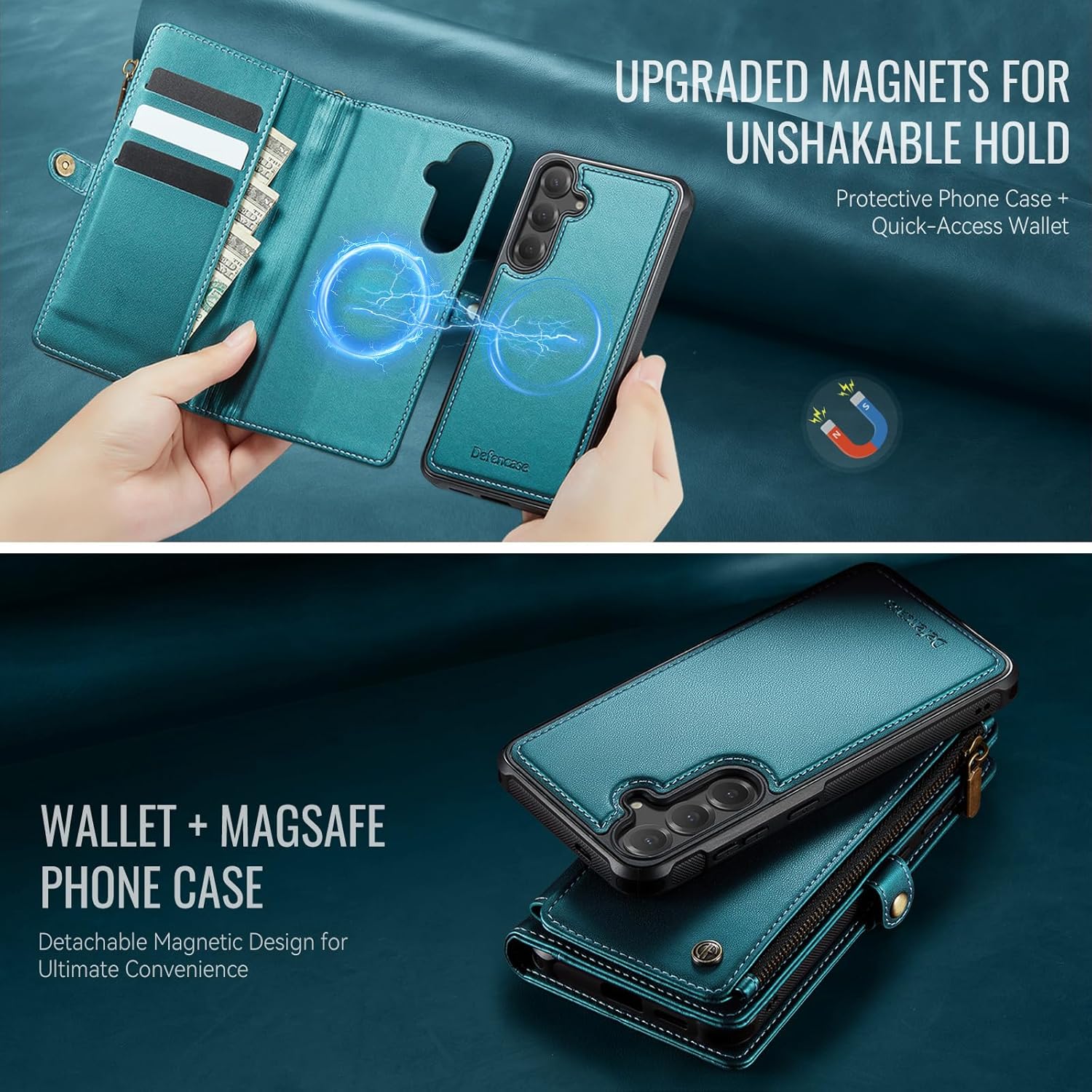 Defencase for Galaxy S25 Magnetic Wallet Case Compatible with Magsafe with RFID Blocking Zipper & Card Holder for Women Men, PU Leather Detachable Phone Case for Samsung Galaxy S25 6.2", Blue Green