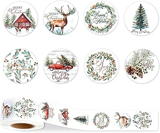 Christmas Stickers, 500 PCS Merry Christmas Stickers Roll, Round Self Adhesive Seals Label Sticker Decals for Xmas Holiday Seals Cards Gift Envelopes Crafts Present Box Decoration (8 Designs, 1 Inch)