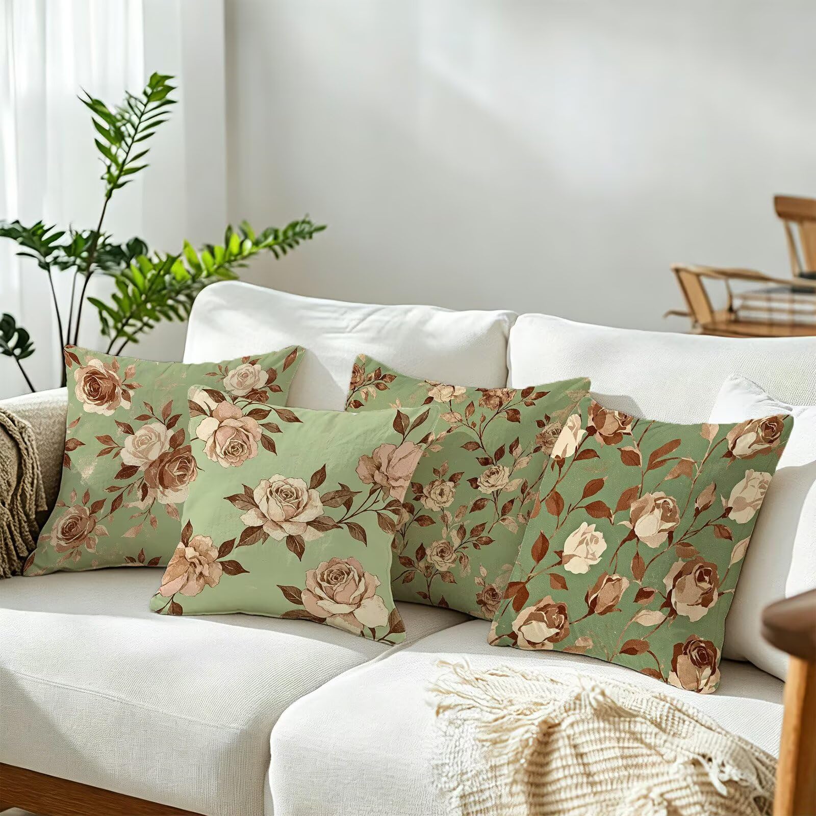 Verde Federe Cuscini Divano 50x50cm, Cuscini da Esterno Set de 4, Cod-167 | Lin Copricuscini Decorativi Letto Arredo, per Letto, Soggiorno, Giardino, Esterno, Casa Decorazione Set di 4 Fiore