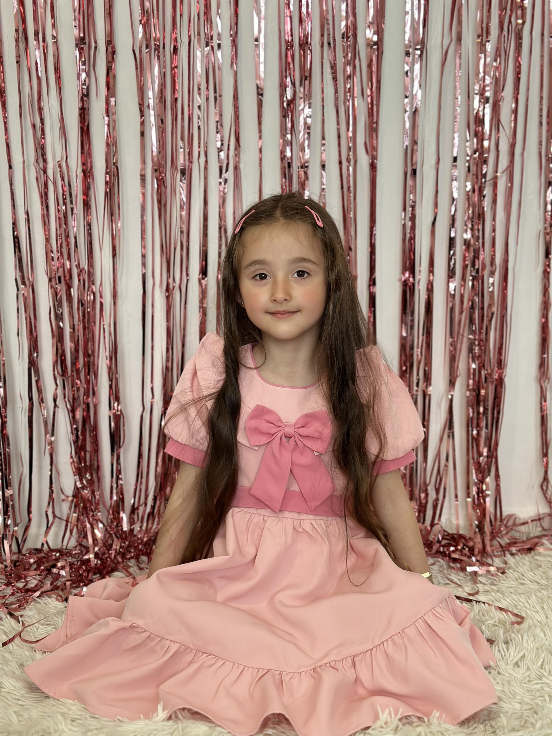 ABEHIK Vestito estivo da principessa con fiocco, maniche a sbuffo, abito da bambina, lunghezza al ginocchio, abito casual per scuola per 5-12 anni