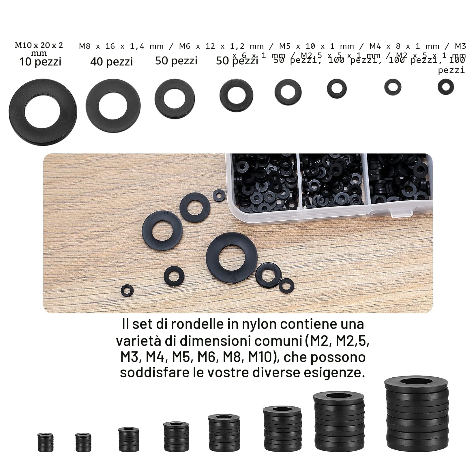 500 Pezzi Rondella Piatta in Nylon, Piatte Guarnizione, Guarnizioni Idrauliche, Kit Distanziatore Rondella Distanziatrice - M2/M2.5/M3/M4/M5/M6/M8/M10 (A-nero)