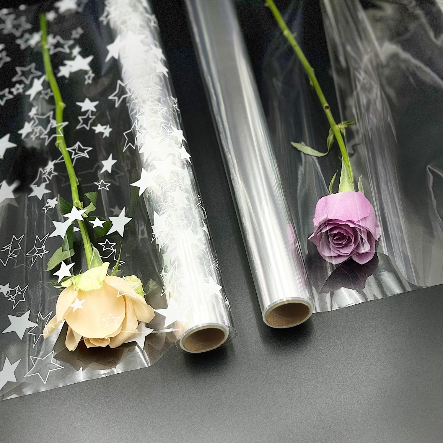 Cellophane Wrap Roll for Gift Wrapping: Christmas Cellophane Wrapping 2pcs 3M x 80cm Clear and Star Design for Hampers Flowers Gift Wrapping
