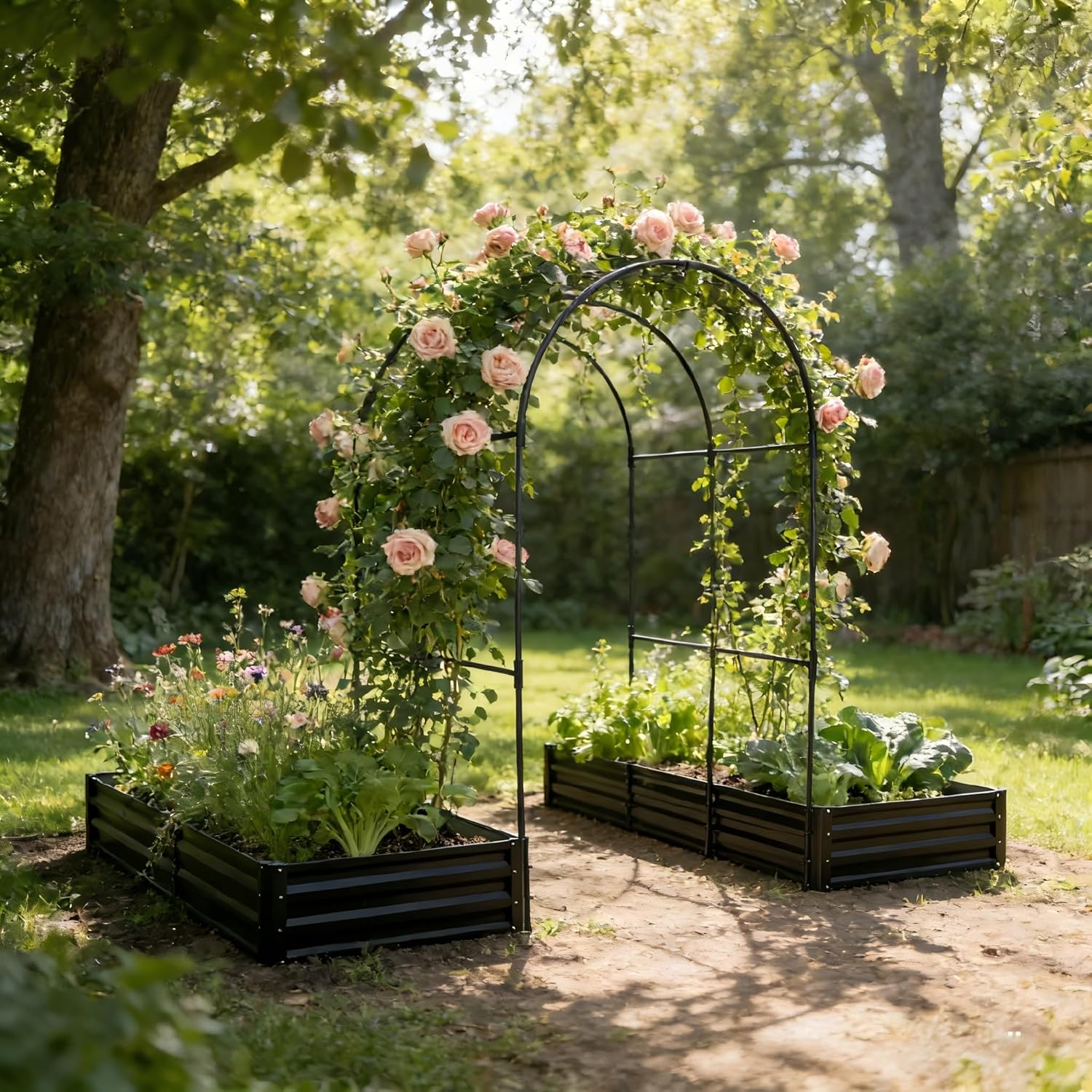 Raised Garden Bed with Arch Trellis, 2 Pack Metal Raised Garden Beds Outdoor, Galvanized Planter Box with Garden Arch for Climbing Plants, Vegetables, Flowers
