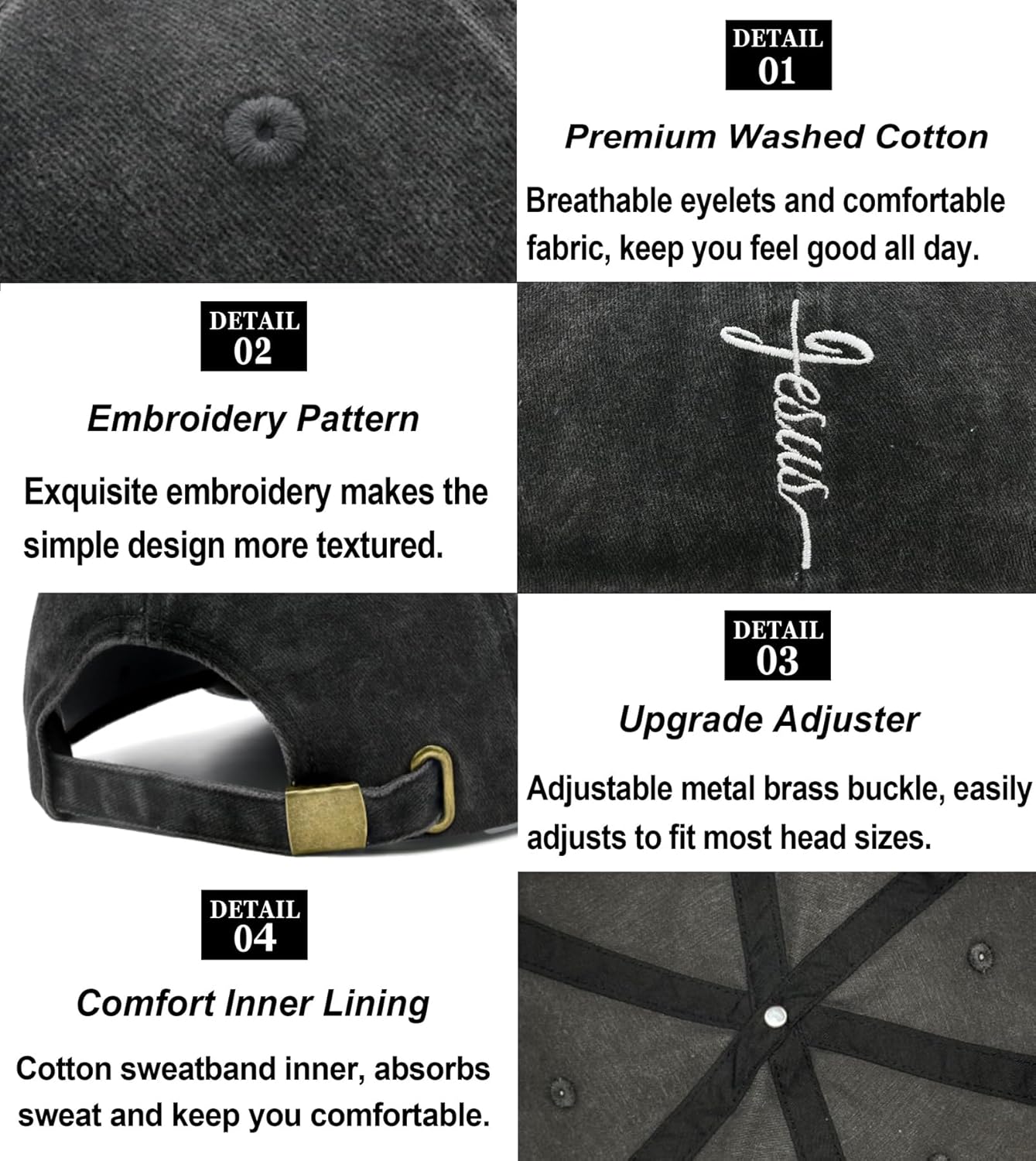 Christian Jesus Hat, Religious Gifts for Men Women, Embroidered Adjustable Classic Baseball Cap Black - Image 6