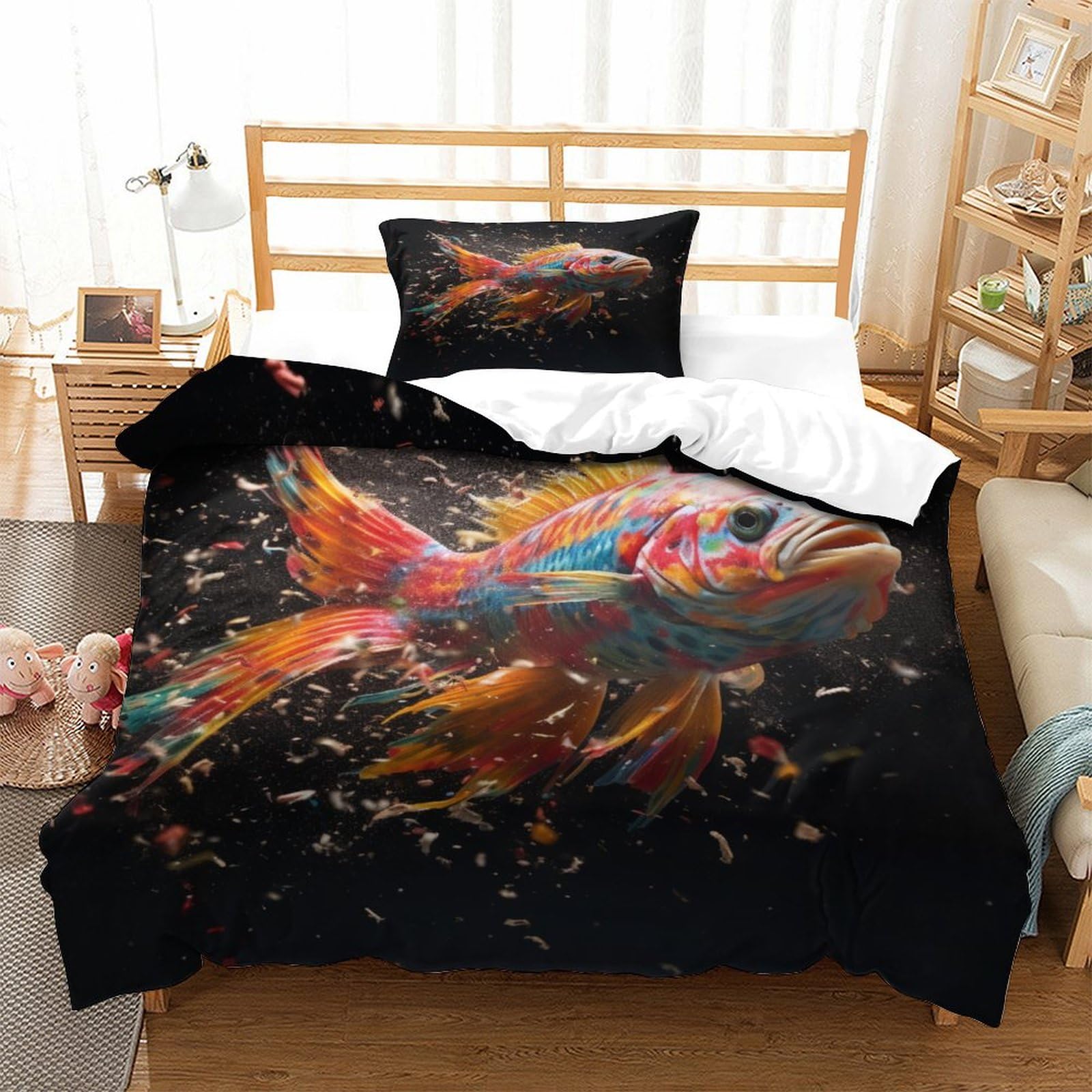 P1S9U7W5Y Vivid Artistic Fish 3D Printed Duvet Cover Set 3pcs Microfiber Fish Bedding Set Single